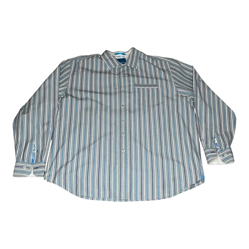 Tommy Bahama Mens XXL Striped Long Sleeve Button Down Shirt Grey Blue Cotton